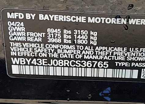 2024 BMW I7 Edrive50 z USA, uszkodzony, nr VIN WBY43EJ08RCS36765